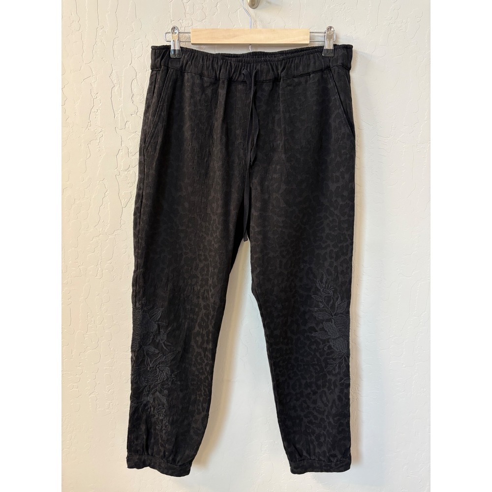 Johnny Was Workshop Leopard Print Drawstring Pants Floral Embroidered‎ Black S